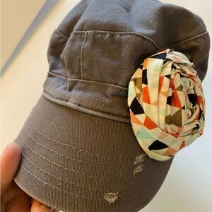 Distressed military cadet cap with geometric shabby chic rosette w/center bead.